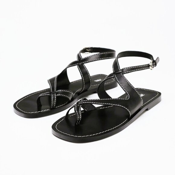 NWT ZARA size 9 LEATHER STRAPPY BLACK SANDALS - Picture 1 of 3